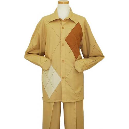 Prestige Sand / Cognac / Cream With Diamond Patchwork / Embroidery Super 140'S 100% Wool 2 PC Outfit WWL-502